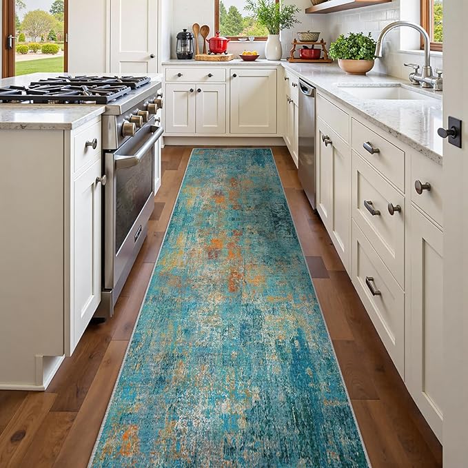 Washable Area Rugs 2'x8' Non-Slip Modern Abstract Soft for Living Room Entryway Bedroom Nursery, Print Pattern, Teal Blue Green Orange Rust Red Coloreful