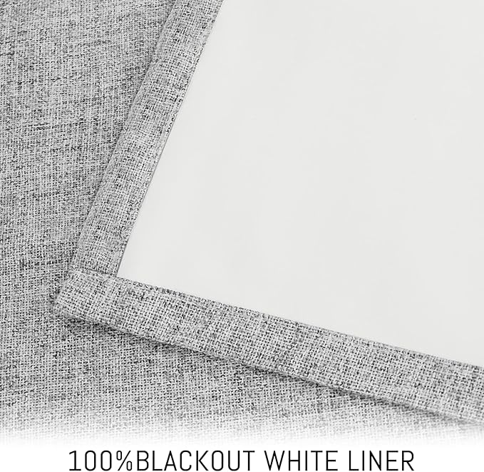 Yakamok Dove Grey Linen Curtains 100% Blackout 63 Inches Long,Room Darkening Textured Curtains for Living Room Thermal Grommet Bedroom Drapes 2 Panels with Greyish White Liner