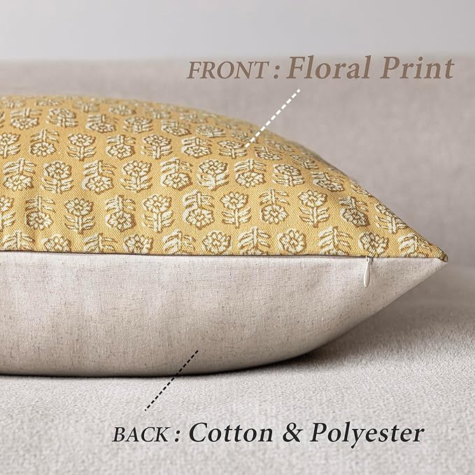 Foindtower Set of 2 Decorative Vintage Floral Print Throw Pillow Covers Neutral Modern Farmhouse Cushion Covers Boho Home Decor For Sofa Chair Couch Bedroom Living Room Outdoor,18×18 Inch,Light Yellow