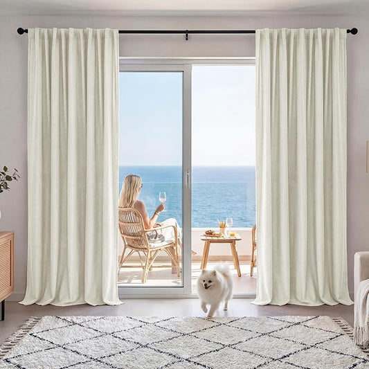 RYB HOME Natural Linen 100% Blackout Curtains for Bedroom 52 Width 108 Long, Linen Blackout Curtains Privacy Protection& Thermal Insulated for Sliding Door/Living Room, 2 Panels