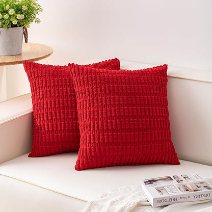 Pack of 2 Christmas Red Corduroy Decorative Throw Pillow Covers 18x18 InchSoft Boho Striped Pillow Covers Modern Farmhouse Home Decor for Sofa Living Room Couch Bed（Red）