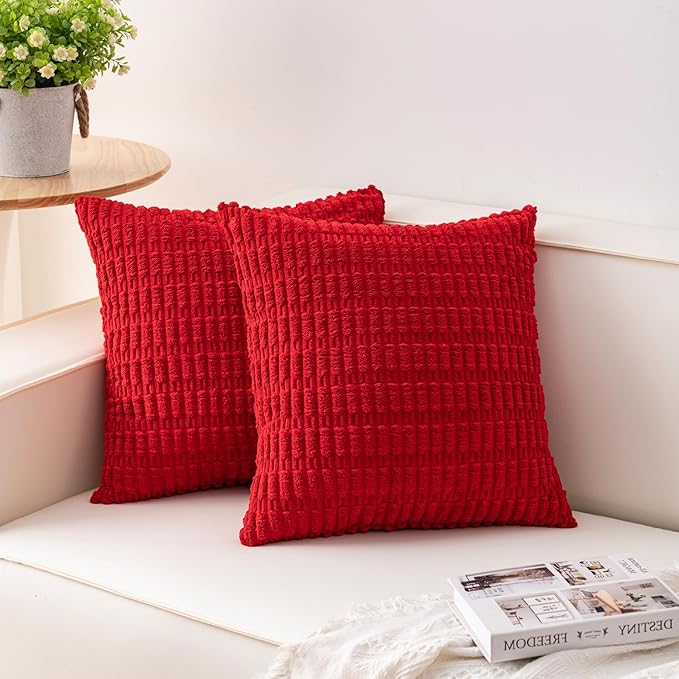 Pack of 2 Christmas Red Corduroy Decorative Throw Pillow Covers 20x20 Inch Soft Striped Pillow Covers Modern Farmhouse Home Decor for Sofa Living Room Couch Bed（Red）