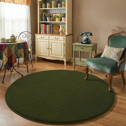 Amearea Olive Green Round Area Rugs 4ft Washable Circle Rugs for Bedroom Living Room, Fluffy Indoor Thickened Memory Foam Rug, Non Slip Minimalist Circular Carpet for Kids Boy Girl Dorm Nursery Room