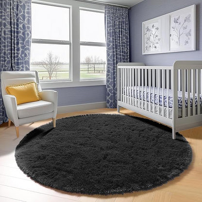 ONASAR Black Round Rugs 8ft for Living Room, Fluffy Bedroom Circle Area Rug, Soft Plush Fuzzy Shaggy Carpet Mat for Kids Girls Boys Teen Nursery Dorm Classroom Home Office Decor Aesthetic
