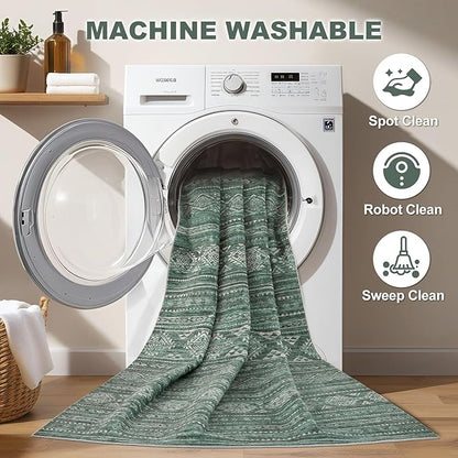 Nakagishi Area Rugs 9x12 Living Room: Washable Boho Large Neutral Modern Soft Farmhouse Green Rug Stain Resistant Indoor Floor Non-Slip Carpet for Women Home Enthusiasts Aged 25-45 - Bedroom Room
