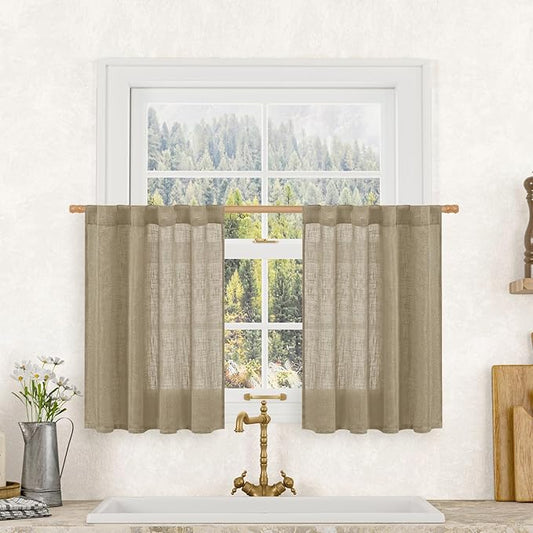 LAMIT Short Linen Curtains 30 Inch Length for Cafe, Semi Sheer Light Filtering Panels Back Tab and Rod Pocket Country Decor Drapes for Basement/Small Window, Taupe, 2 Panels, 34 x 30 Inch