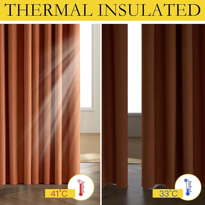 NICETOWN 100% Absolutely Blackout Linen Curtains with Thermal Insulated Liner, Terracotta, 52" Wide, 2 Panels, 84 inches Long Drapes, Grommet Retro Linen Curtains Vertical Drapes Privacy for Bedroom