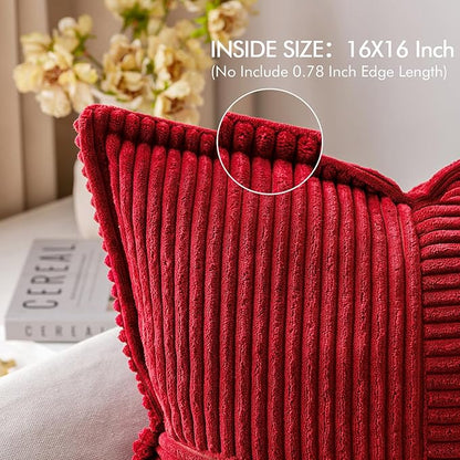 MIULEE Decorative Throw Pillow Covers for Couch Bed Livingroom 16x16 Inch Set of 2 Red Boho Accent Throw Pllows Broadside Striped Patchwork Soft Corduroy Pillowcases