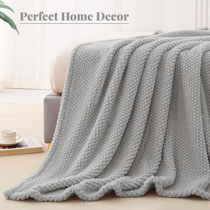 Whale Flotilla Twin Size Fuzzy Fleece Blanket for Bed, 60x80 Inch Fluffy Warm Soft Jacquard Blankets for All Season, Lightweight and Cozy, Light Grey