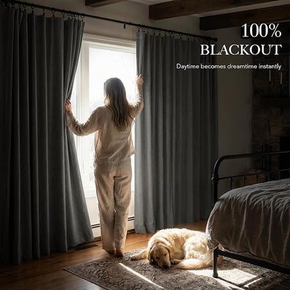 RYB HOME 100% Blackout Linen Textured Curtains 90 inches Long, Thermal Insulating Privacy Energy Saving for Bedroom Living Room Window Office Theater Baby Nursery, W 52 x L 90 in, Grey, 2 Panels