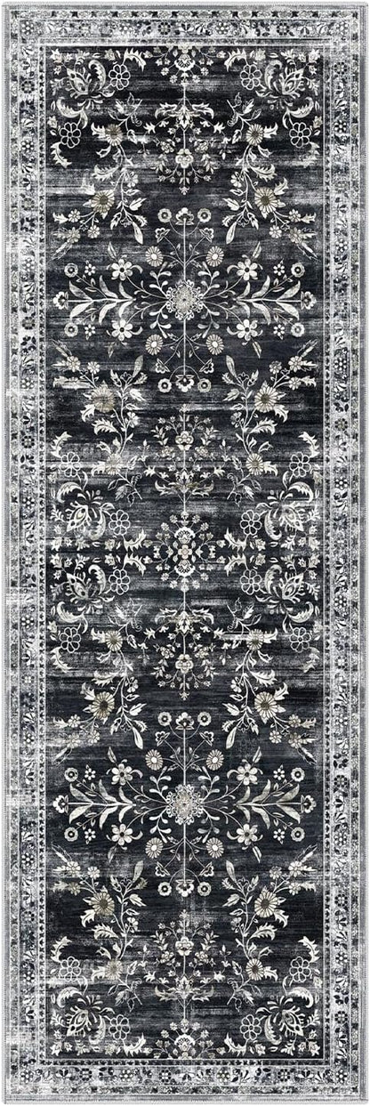 Yamaziot Washable Runner Rug 2x6 – Non Slip Boho Floral Hallway Runner Rug with Rubber Backing,Low Pile Faux Wool Distressed Carpet for Kitchen, Laundry, Bedroom, Entrance, Navy/Black