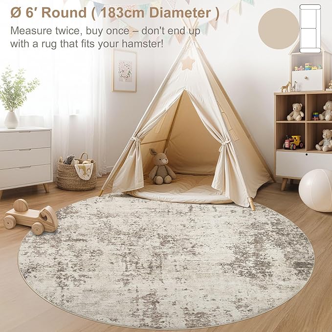 UERMEI 6ft Round Area Rug Living Room Rugs - 6x6 Washable Neutral Modern Abstract Soft Thin Rug Indoor Floor No Slip Rug Carpet for Bedroom Under Dining Table Home Office Decor - Dark Brown