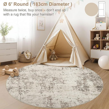 UERMEI 6ft Round Area Rug Living Room Rugs - 6x6 Washable Neutral Modern Abstract Soft Thin Rug Indoor Floor No Slip Rug Carpet for Bedroom Under Dining Table Home Office Decor - Dark Brown
