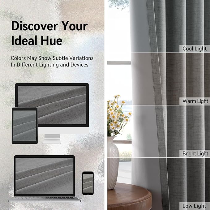 100% Blackout Shield Linen Blackout Curtains for Bedroom, Grey Grommet Curtains for Living Room, Thermal Insulated Room Darkening Drapes for Nursery, Boho Home Decor, 50" W x 90" L, 2 Panels