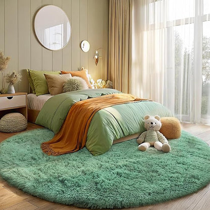 OLANLY Mint Green Round Rugs for Bedroom - Machine Washable, 5 ft Circle Area Rugs for Living Room, Soft and Fluffy Shaggy Carpet for Teen Girls and Boys, Nursery Rooms, Dorms, Home Decor Aesthetic