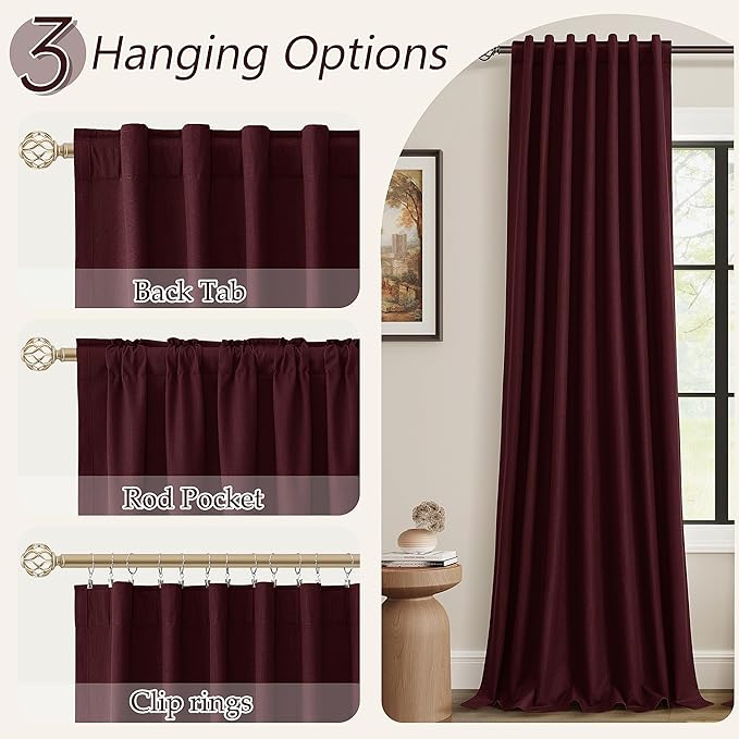 Burgundy 100% Blackout Linen Curtains 72 Inch Length 2 Panels Set for Living Room Bedroom Back Tab Thermal Insulated Black Out Drapes Room Darkening Farmhouse Style for Bedroom Window Curtains 52x72