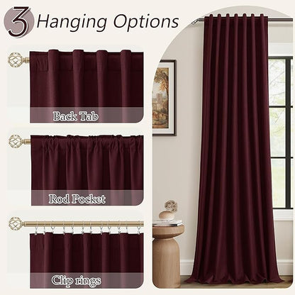 Burgundy 100% Blackout Linen Curtains 72 Inch Length 2 Panels Set for Living Room Bedroom Back Tab Thermal Insulated Black Out Drapes Room Darkening Farmhouse Style for Bedroom Window Curtains 52x72