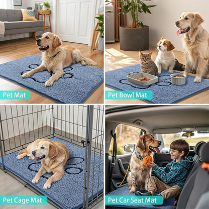 Smiry Dog Door Mat for Muddy Paws, Absorbent Dirt Trapper Non Slip Quick Dry Washable Chenille Mat for Mud Dogs, Entry Rug for Indoor and Outdoor (48x30 Inches, Airy Blue and Black)