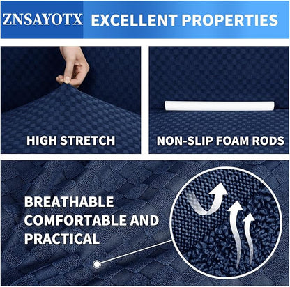 ZNSAYOTX 1 Piece Jacquard Couch Covers for 3 Cushion Couch Living Room High Stretch Sofa Cover Pets Dogs Friendly Anti Slip Thickened Slipcovers Furniture Protector (Sofa, Navy Blue)