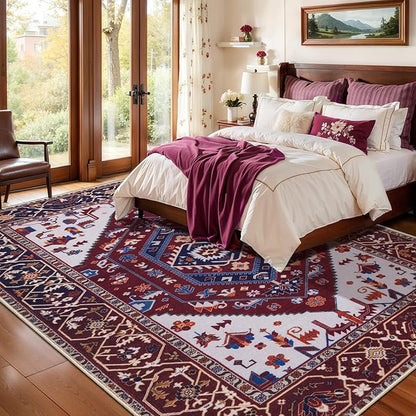 SERISSA 5x7 Boho Area Rug, Washable Non-Slip Rugs for Living Room, Large Burgundy Navy Rug Ultra Soft Vintage Oriental Print Distressed Carpet for Bedroom Dining Room Dorm Office Home Decor