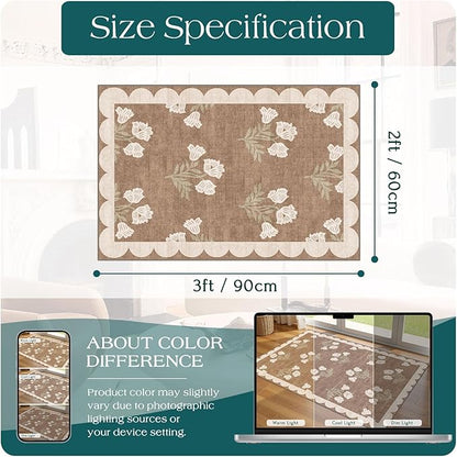 Front Door Mat Outside Entrance - 2x3 Floral Non-Slip Washable Doormat Indoor Outdoor Mat Tan Neutral Farmhouse Scalloped Entry Rug Small Throw Rugs for Entryway Kitchen Front Porch Decor