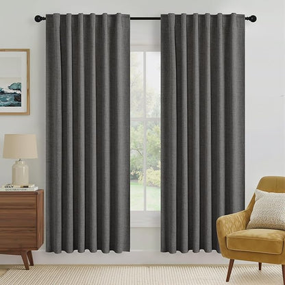 RYB HOME Grey 100% Blackout Linen Curtains 72 inch Long, Thermal Insulated & Privacy Assurd Drapes for Bedroom/Office/Nursery, Rod Pocket & Back Tab Window Treatment, W52 X L72, 2 Panels