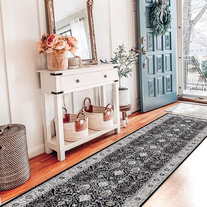 Hallway Washable Runner Rug - 2x7 Kitchen Rugs Entryway Rug Runner Vintage Soft Floor Mat Non Slip Indoor Farmhouse Carpet for Bathroom Living Room Bedroom (2 X 7, Black)