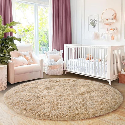 5'x5' Beige Round Rug for Bedroom, Ultra Soft Fluffy Circle Rug for Kids Girls Boys Room, Cute Shag Rugs for Living Room Playroom Tent Castle Home Decor Rug