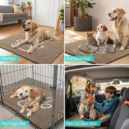 Smiry Dog Door Mat for Muddy Paws, Absorbent Dirt Trapper Non Slip Quick Dry Washable Chenille Mat for Mud Dogs, Entry Rug for Indoor and Outdoor (70x24 Inches, Camel and Black)