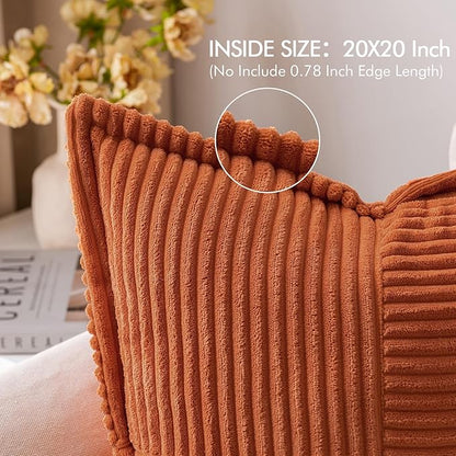 MIULEE Rust Decorative Throw Pillow Covers for Couch Bed Livingroom 20x20 Inch Set of 2 Boho Accent Throw Pllows Broadside Striped Patchwork Soft Corduroy Pillowcases