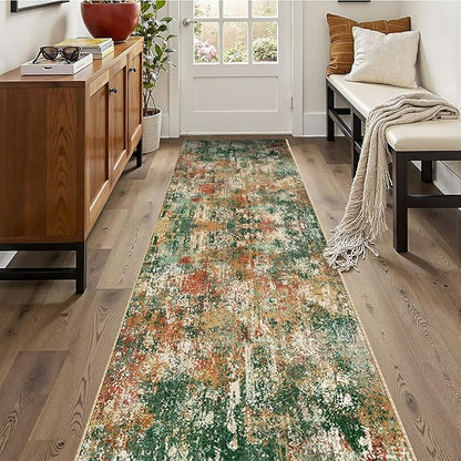 Washable Area Rugs 2'x10' Non-Slip Modern Abstract Soft for Living Room Entryway Bedroom Nursery, Print Pattern, Green Orange Rust Red Cream Colorful