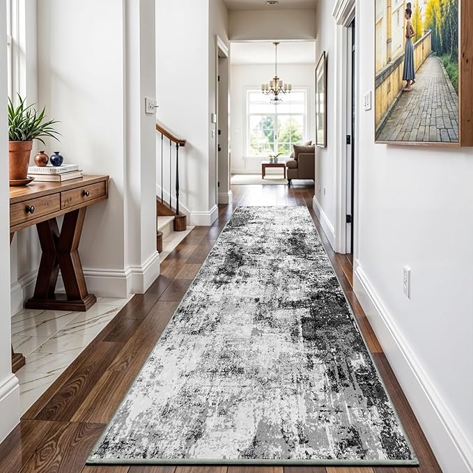2x8 Washable Runner Rugs for Hallway: Easy-to-Clean Abstract Runners for Entryway Bedroom - Stain and Water Resistant Rugs with Non-Slip Backing - Soft Low-Pile Carpet Black Grey