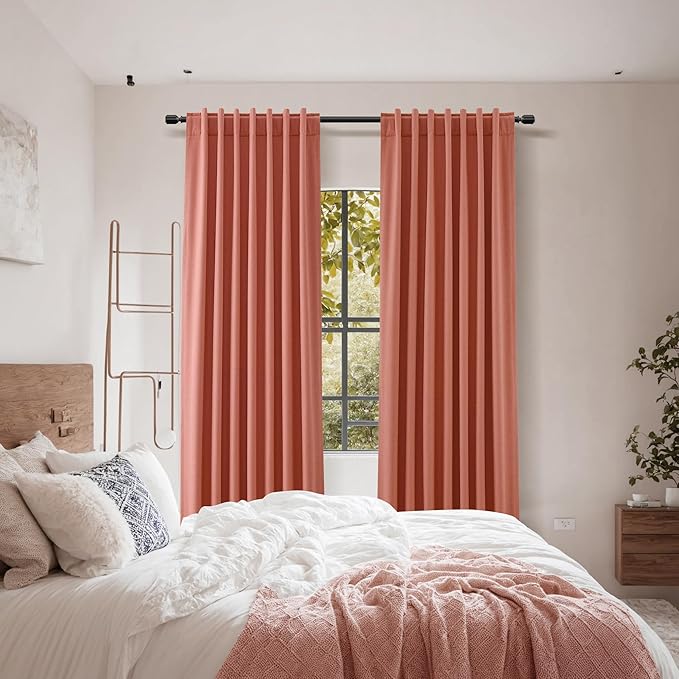 Guken 100% Blackout Curtains 90 Inch Length 2 Panels Set for Living Room Bedroom Back Tab Thermal Insulated Black Out Linen Drapes Room Darkening Coral,52x90