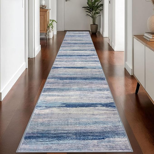 KOZYFLY Modern Abstract Washable Rug Runner 2.6x16 Hallway Rug Runner Non-Slip Soft Kitchen Runner Rugs, Blue/Grey/Beige Striped Carpet for Stair Entryway Bathroom Laundry Room Foyer