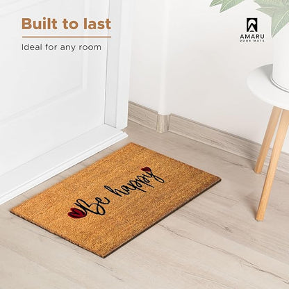 Be Happy - 17"x29" - Coir Door Mat with Heavy Duty Backing - Welcome Mats for Entryway, Porch - Anti-Slip PVC & Coconut Fiber Surface - Natural Home Accessories, Minimalist Original Design