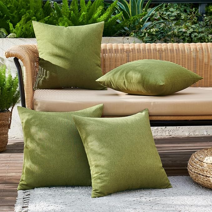 MIULEE Pack of 4 Decorative Solid Waterproof Throw Pillow Covers Linen Garden Farmhouse Cushion Cases for Outdoor Patio Tent Balcony Couch Sofa 16x16 inch Green