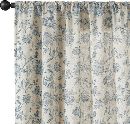 jinchan Linen Floral Curtains for Living Room with Printed Flower 96 Inches Long Light Filtering French Country Back Tab Rod Pocket Blue Window Curtain Set Farmhouse Drapes 2 Panels Blue