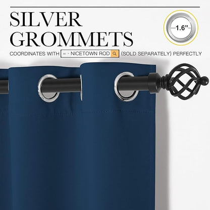 NICETOWN Moroccan Blue Room Darkening Curtains for Kitchen, Window Treatment Thermal Insulated Solid Grommet Room Darkening Curtains/Drapes for Bedroom (Set of 2, 42 inches Wide by 68 inches Long)