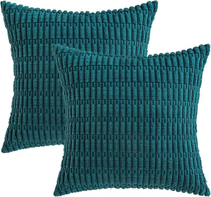 MIULEE Pack of 2 Corduroy Decorative Throw Pillow Covers 18x18 Inch Soft Boho Striped Pillow Covers Modern Farmhouse Home Decor for Summer Coastal Sofa Living Room Couch Bed Teal