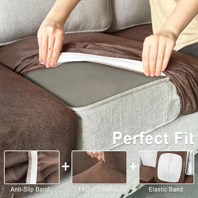 Leather Look Couch Cushion Covers Sofa Seat Slipcovers Sets Couches Furniture Protector for Sectional Armchair Loveseat Pets Kids Stretch Spandex Fabric (2 Cushion Sofa, Brown)