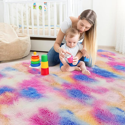 Fluffy Rainbow Colorful Rug for Living Room 5x8 Kawaii Rainbow Tie Dye Area Rug Fuzzy Indoor Floor Unicorn Rug for Bedroom Girls Kids Nursery Baby Princess Room Dorm Home Decor Aesthetic Carpets
