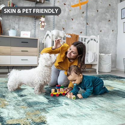 6x9 Area Rugs for Living Room Rug Washable: Abstract Rug for Dining Room Bedroom Carpet Non Slip 6 by 9 Indoor Modern Nursery Home Office Teal Grey Gold