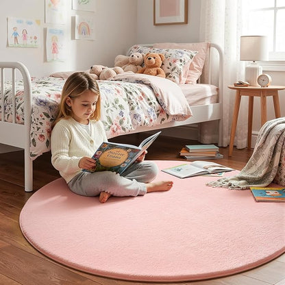Amearea Pink Round Area Rugs 4ft Washable Circle Rugs for Bedroom Living Room, Fluffy Indoor Thickened Memory Foam Rug, Non Slip Minimalist Circular Carpet for Kids Boys Girls Dorm Nursery Room Decor