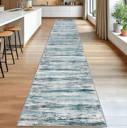 KOZYFLY Modern Abstract Hallway Runner Rug, 2.6x18 Washable Rug Runner Non-Slip Soft Striped Stair Runner Rugs, Print Blue Carpet Runner for Kitchen Entryway Bathroom Laundry Room Foyer