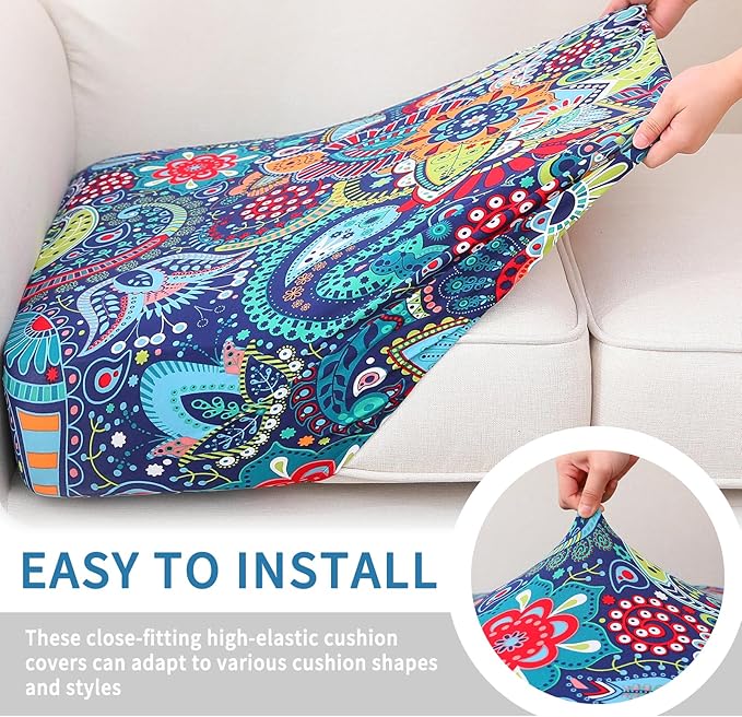 hyha Printed Couch Cushion Covers, Floral Sofa Covers Washable for 3 Cushion Couch, Stretch Pattern Outdoor Cushion Covers for Patio Furniture with Elastic Bottom(Large, Paisley)
