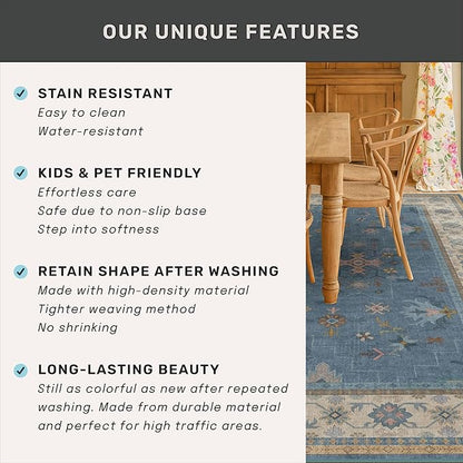 Washable Blue Rugs for Entryway Indoor - 3x4 Throw Rug for Large Kitchen, Bedroom Bedside, Bathroom, Mudroom, Boho Eclectic Modern Décor, Non Slip Low Pile Fade Resistant