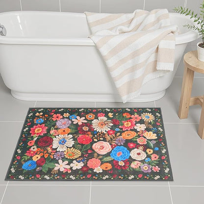 Black/Brown 24x17 Inch Home Decor Entry Rug, Small Door Mat Bath Mats for Bathroom, Ultra-Thin Non Slip Floral Low Pile Tub Mat for Sink Shower Doorway Tub Kitchen Sink(2 x 1.4 ft, Black/Brown)