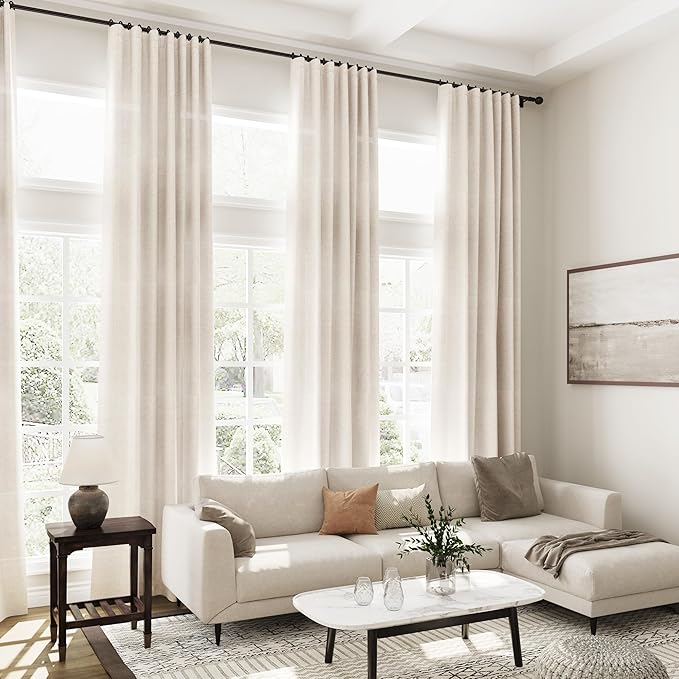 Nanspring Tan Beige Linen Curtains 95 inch Length for Living Room 2 Panel Set Burlap Textured Semi Sheer Linen Drapes Rustic Country Window Treatment Farmhouse Drop Cloth Curtain for Dinning Room