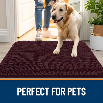 OLANLY Dog Door Mat for Muddy Paws 47x17, Absorbs Moisture and Dirt, Absorbent Non-Slip Washable Doormat, Quick Dry Chenille Mud Mat for Dogs, Entry Indoor Entryway Carpet for Inside Floor, Russet