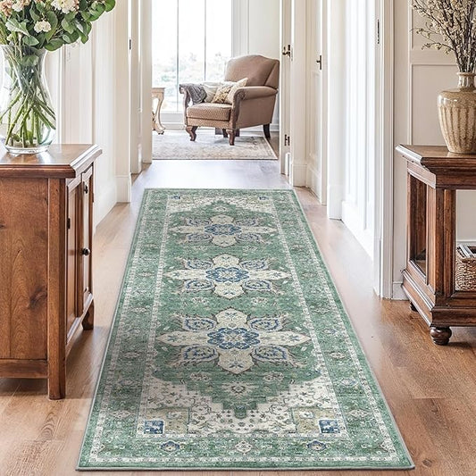 AMADA HOMEFURNISHING 2'6"x8' Washable Area Rug, Low-Profile Entryway Rug with Non-Slip Backing & Durable Edge Binding, Vintage Rug Pattern, Small Rugs for Entryway, Kitchen & Living Room